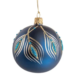Glaskugel blau matt mit Pfauenfedern, 7 cm