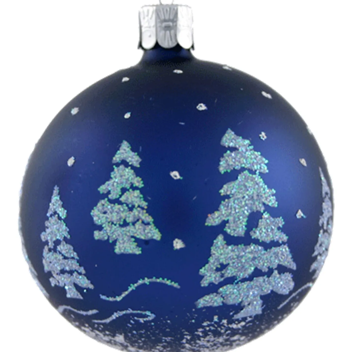 Glaskugel blau mit Glitzer Bäumen, 7 cm Hot