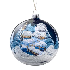 Glaskugel dunkelblau glänzend Winterlandschaft, 10 cm Sale