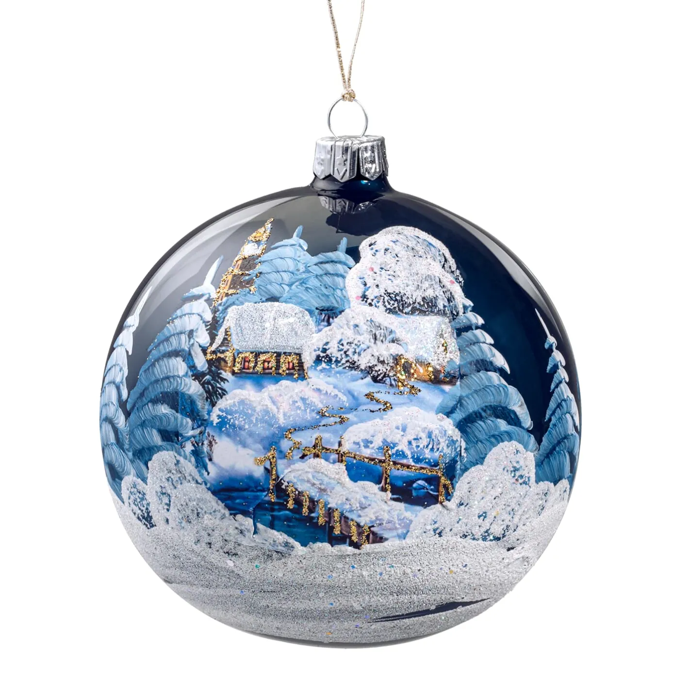 Glaskugel dunkelblau glänzend Winterlandschaft, 10 cm Sale