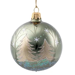 Glaskugel grün glänzend mit Winterwald, 7 cm Hot