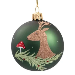 Glaskugel grün matt mit Hirsch und Pilz, 7 cm New