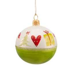 Glaskugel grün-weiß mit weihnachtlichem Dekor, 7 cm Discount