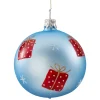 Glaskugel hellblau matt mit Geschenkmotiv, 7 cm Hot