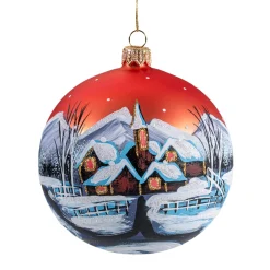 Glaskugel rot matt mit Dorf im Schnee, 10 cm Clearance