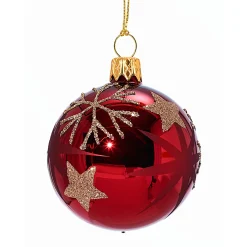Glaskugel rot mit goldenen Sternen und Flocken, 6 cm