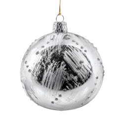 Glaskugel silberfarben mit Glitzer und Pinselstrichen, 8 cm Best