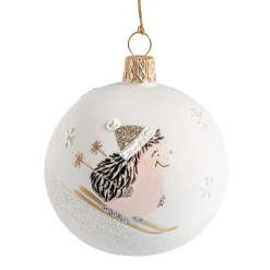 Glaskugel weiß matt mit Igel auf Ski, 7 cm Clearance