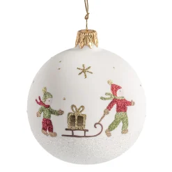 Glaskugel weiß matt mit Kinder mit Schlitten, 7 cm Discount