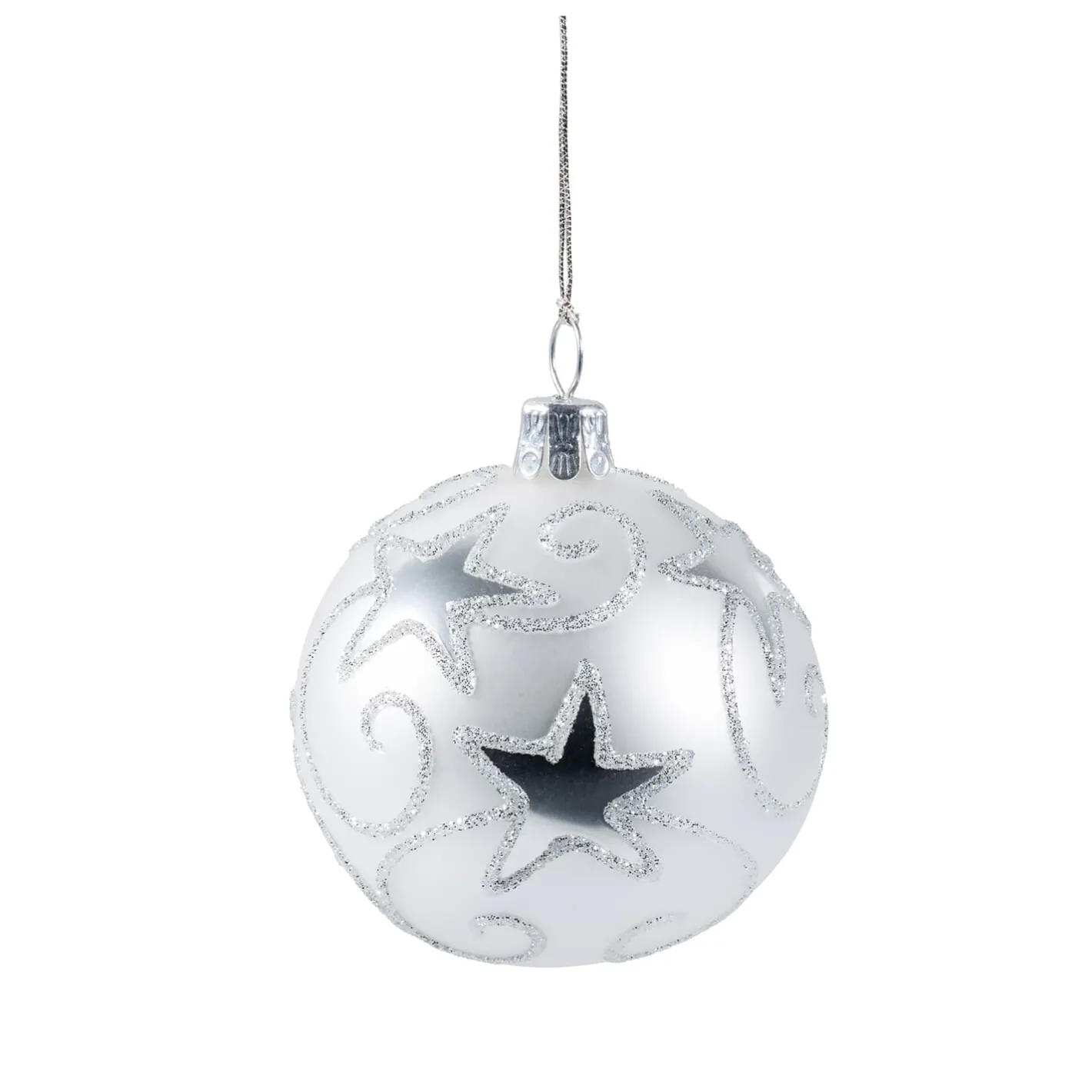 Glaskugel weiß mit silbernen Sternen, 6 cm New